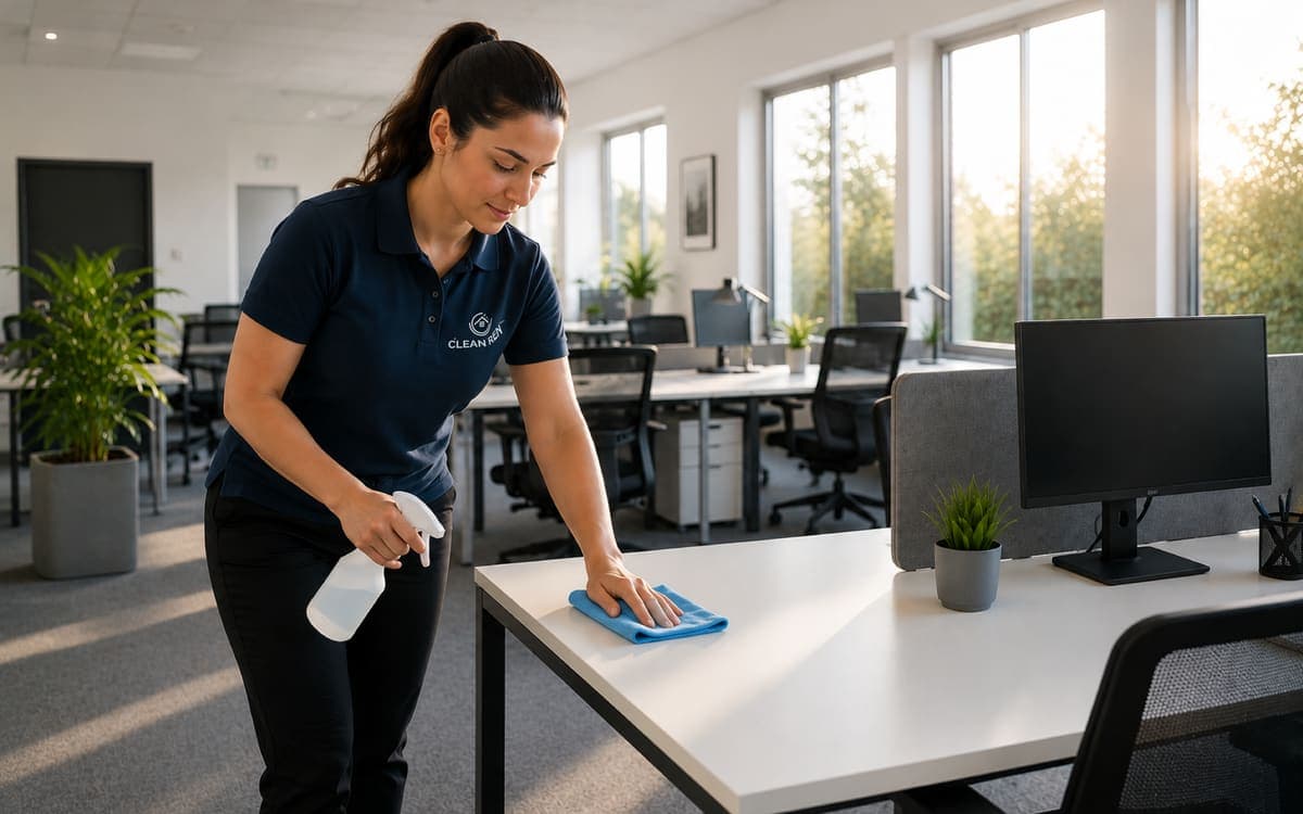 Rengøringsassistent fra Clean Ren der aftørrer et skrivebord i et lyst kontorlandskab