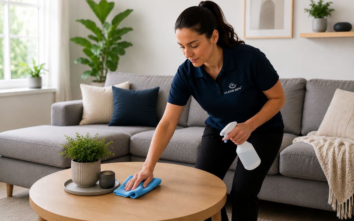 Rengøringsassistent fra Clean Ren der tørrer sofabordet af i en lys stue