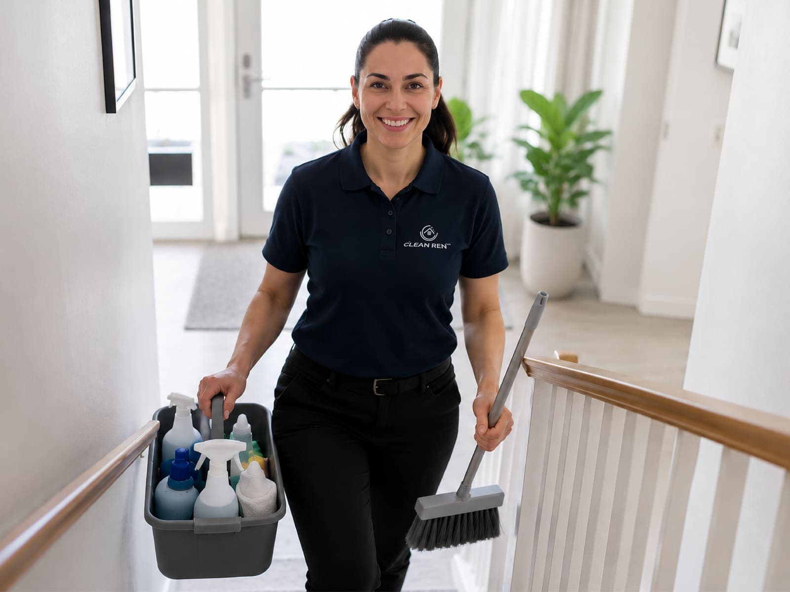 Rengøringsassistent fra Clean Ren på vej op ad trappen i en bolig i Brabrand med rengøringskurv og kost